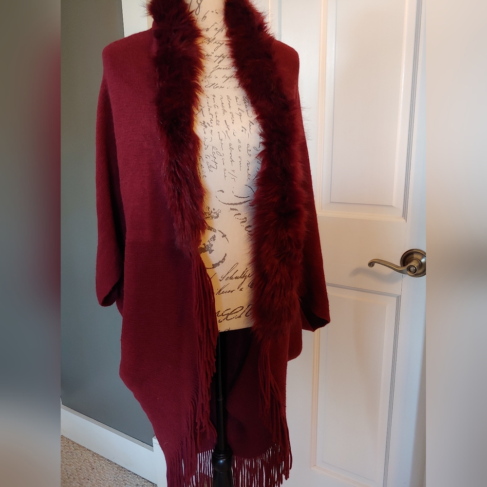 Do Everything in Love Burgundy Poncho with Faux Fur Trim And Fringe Detail. O/S